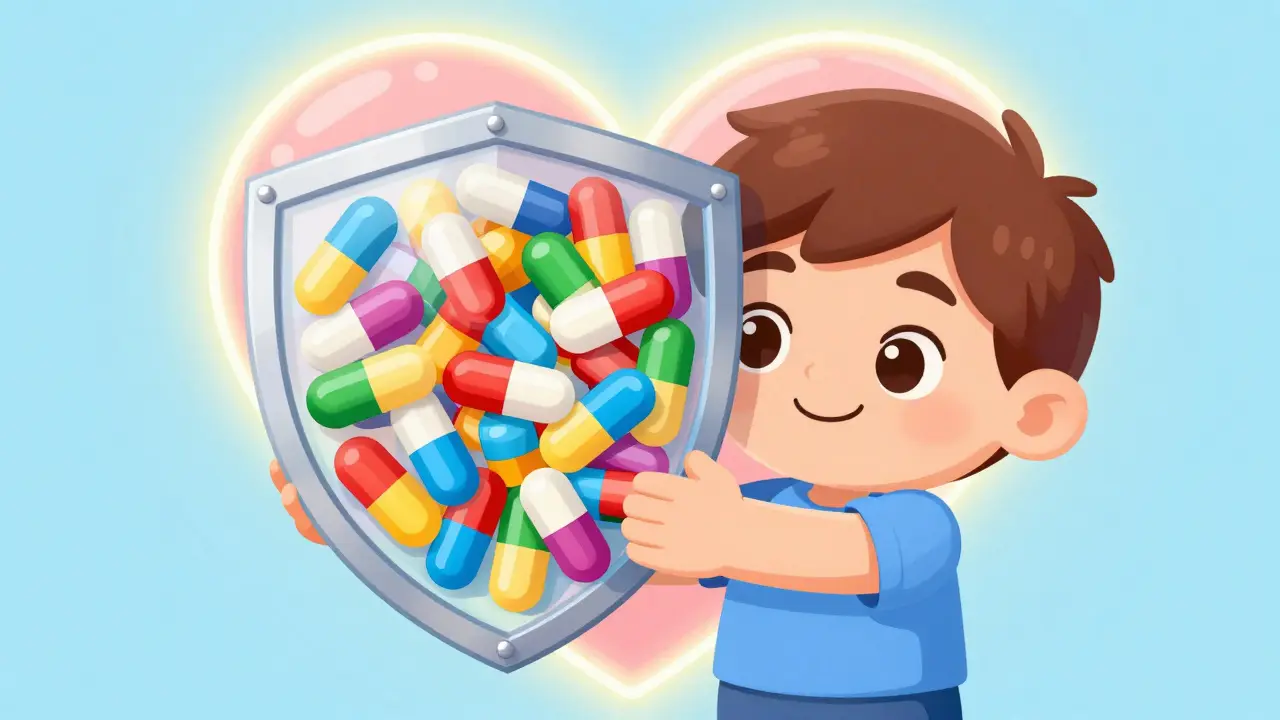 Character holding a shield made of medicine capsules protecting a heart.