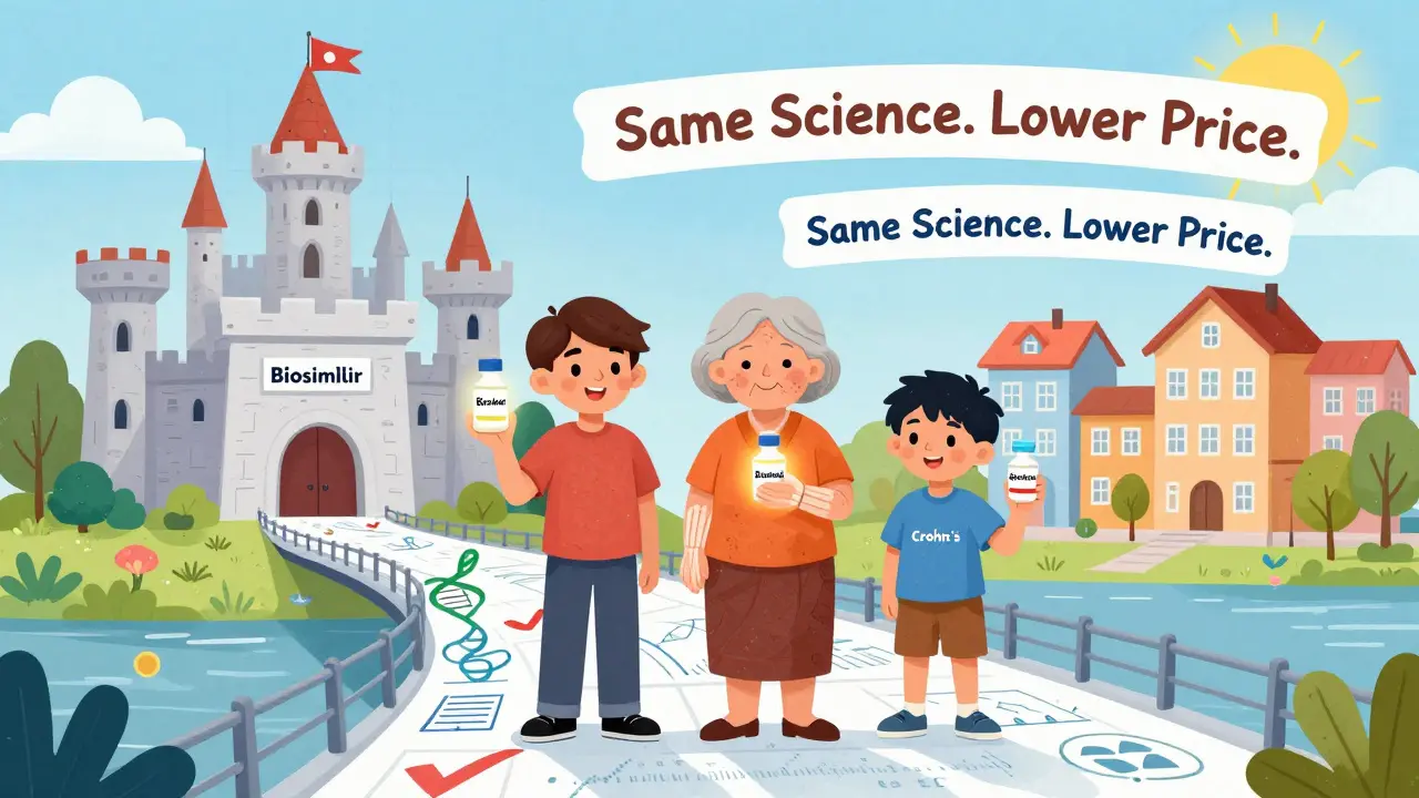 Diverse patients holding glowing biosimilar vials, walking across a science-themed bridge to a town labeled 'Savingsville.'