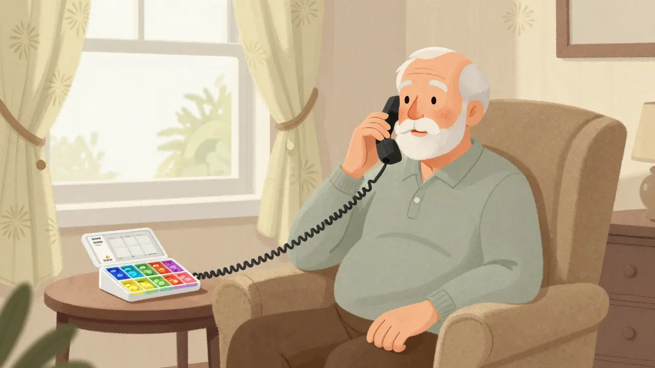 Elderly person at home using a pill organizer and talking on the phone.
