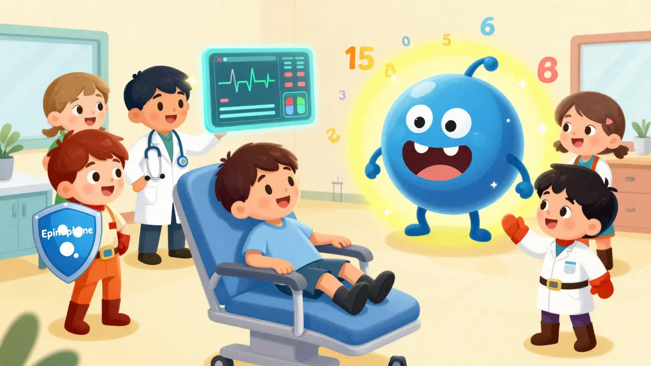 Medical superheroes monitor a friendly drug molecule transforming from scary to calm in a bright hospital setting.