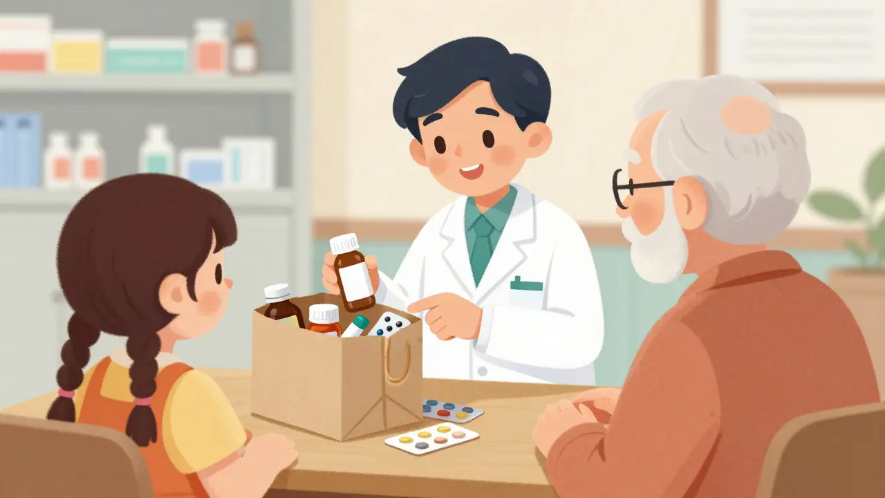 Pharmacist and patient reviewing a brown bag of medicines at a clinic desk.