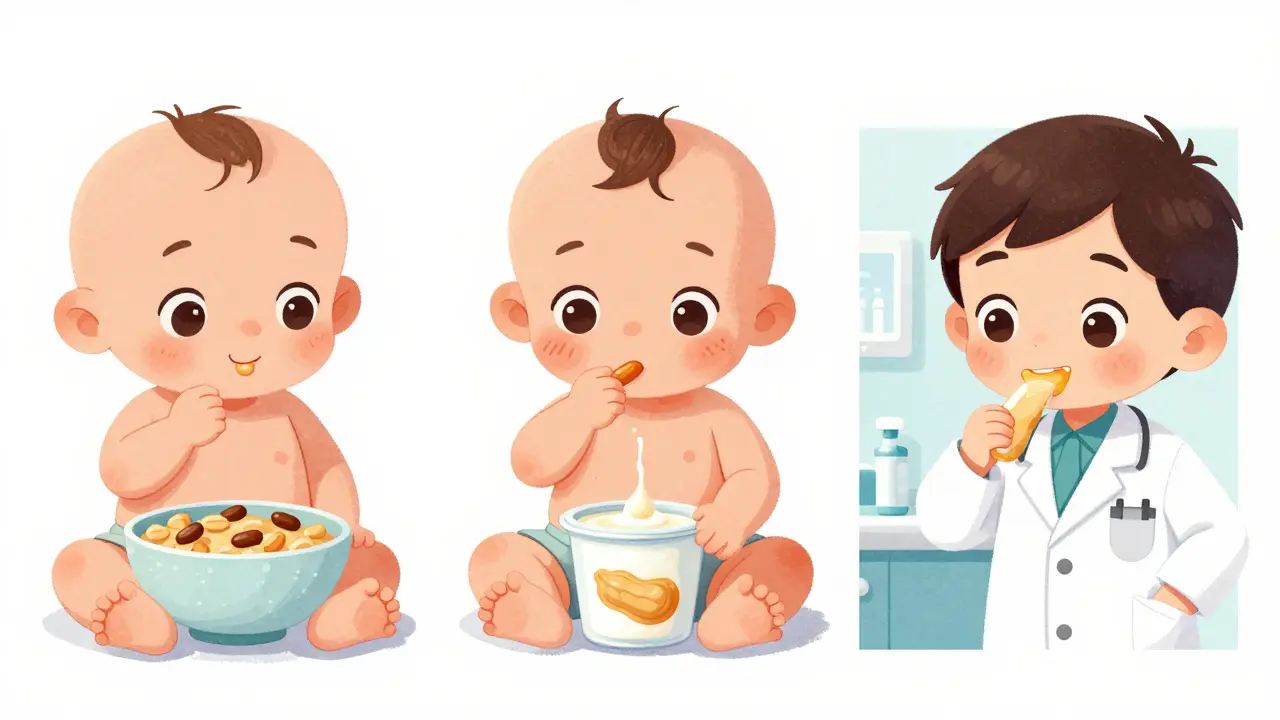 Three babies with different skin conditions being introduced to peanut in various settings.