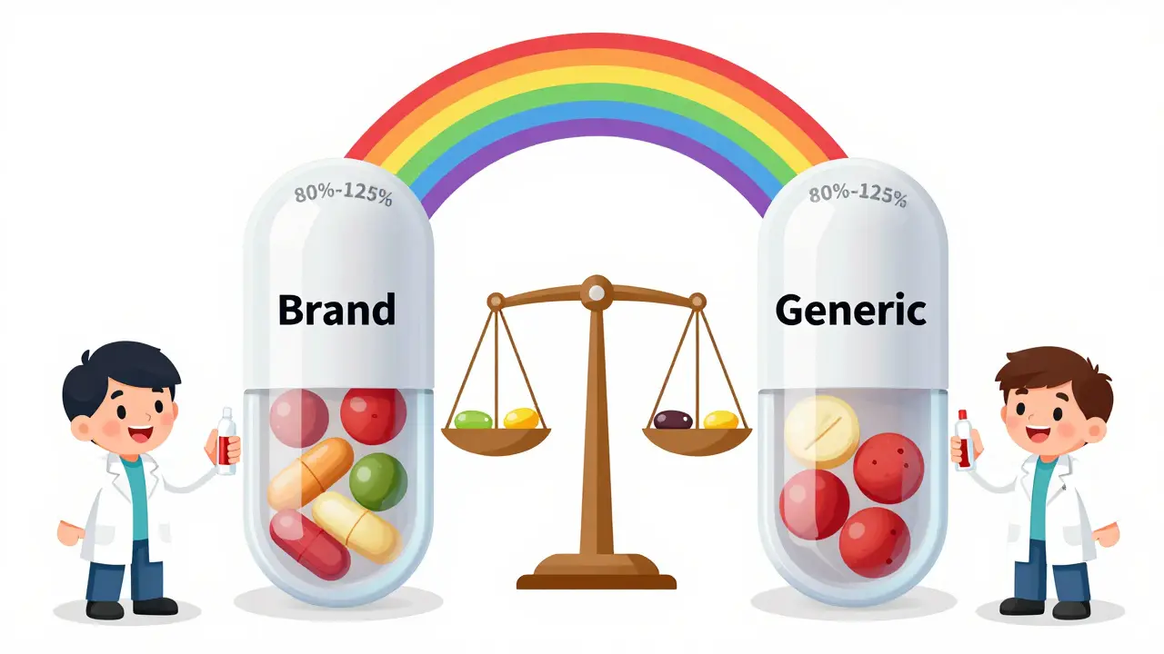 Two pills compare their absorption levels on a balance scale with an 80%-125% rainbow range above them.