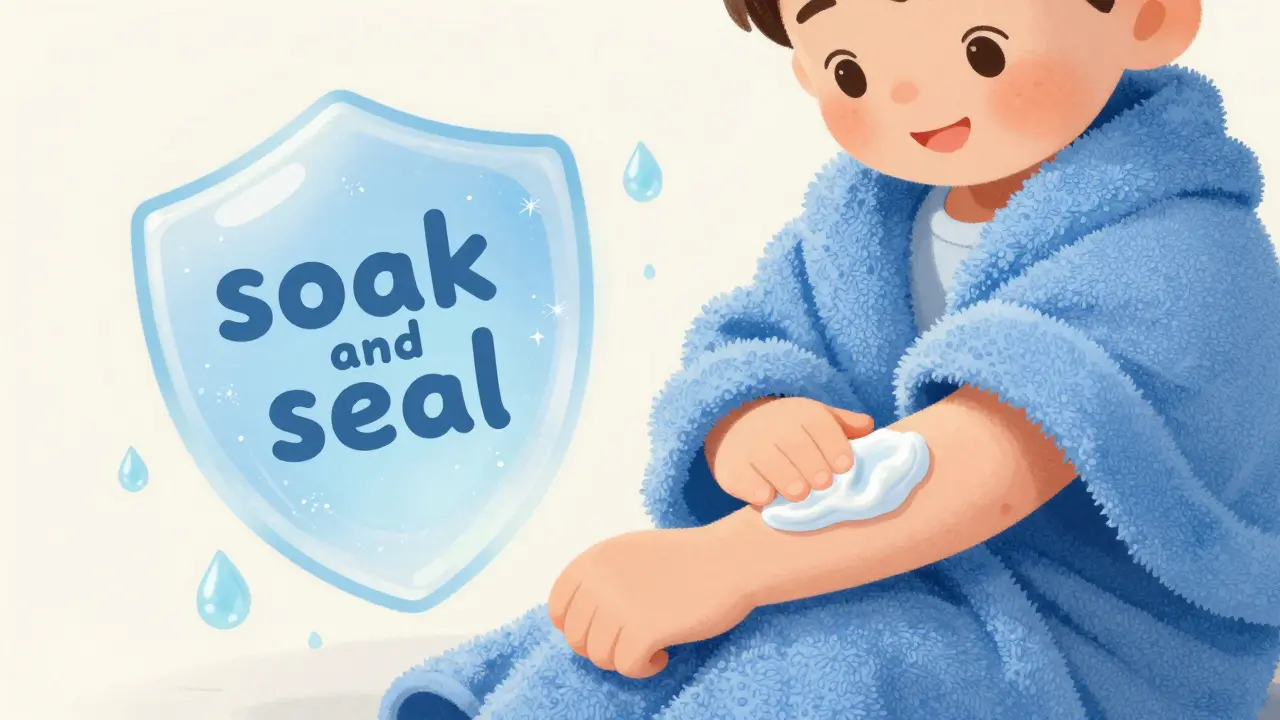 A child with a shimmering protective shield of cream on their skin to lock in moisture.