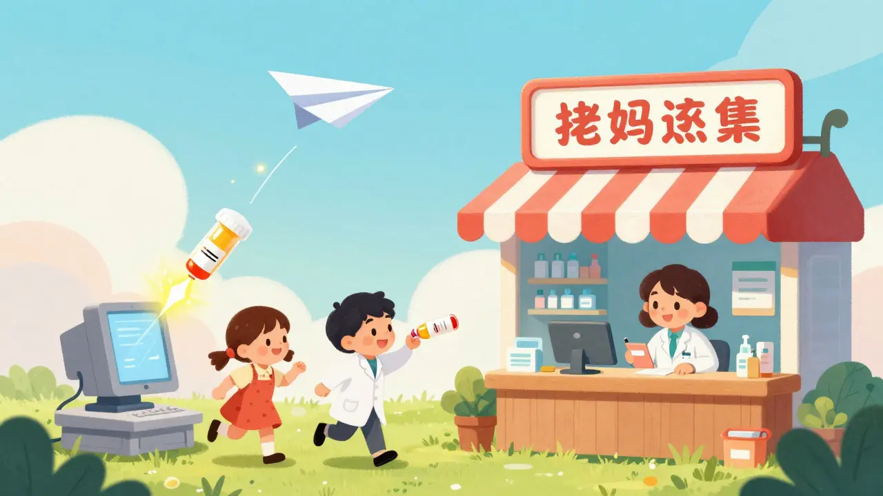 A digital prescription flying through a colorful sky toward a friendly local pharmacy.