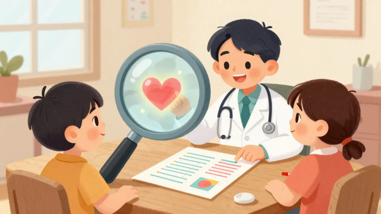 A doctor and patient examining medical data through a large magnifying glass.