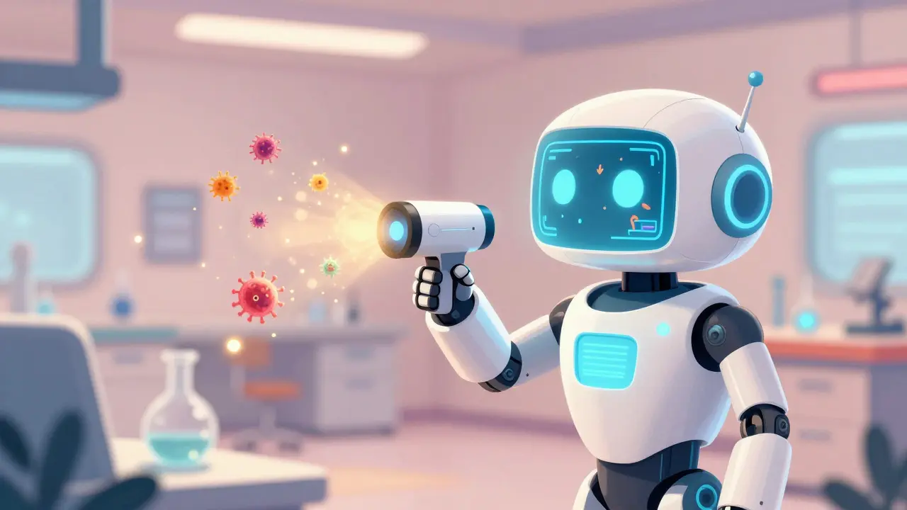 A friendly robot using a glowing scanner to detect airborne particles in a futuristic cleanroom.