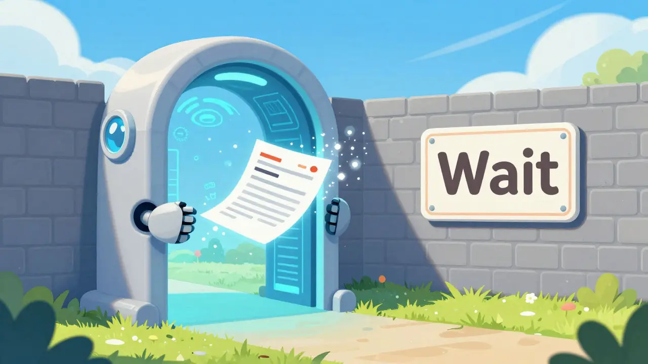 A glowing prescription document flying through a digital portal, bypassing a gray wall.