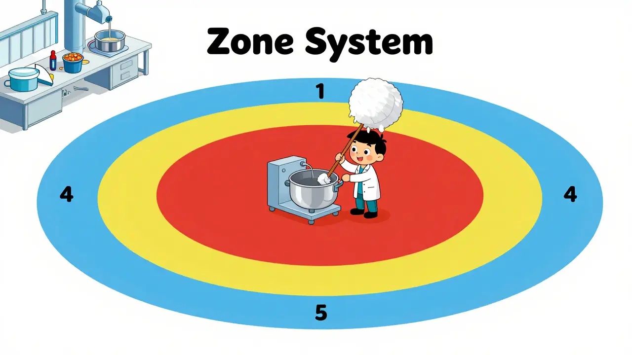 A person in a lab coat swabbing a machine within colorful concentric risk zones on a factory floor.