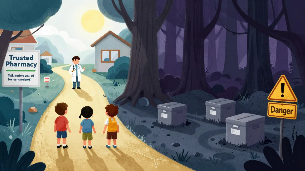 A visual comparison between a bright, safe path to a pharmacy and a dark, risky path.