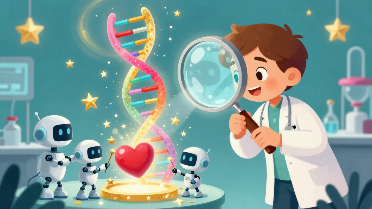 A whimsical doctor using a magnifying glass to fix a heart's DNA with magic.
