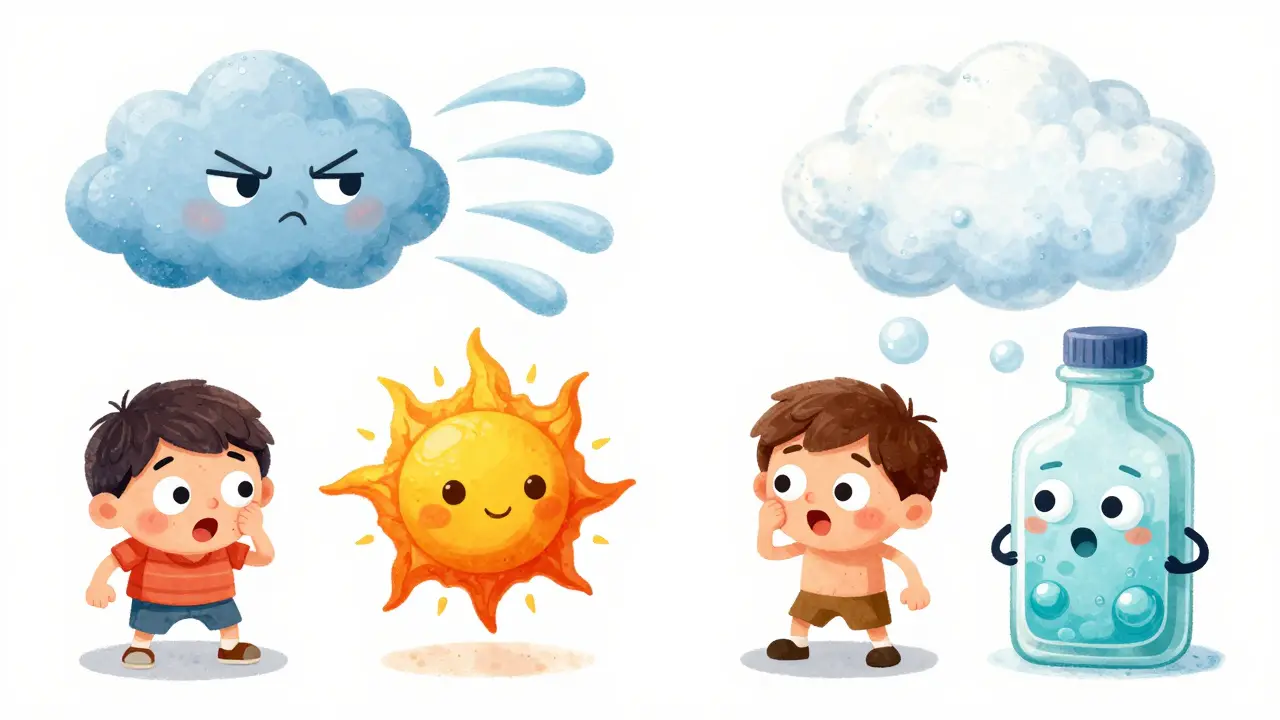 Cartoon characters representing triggers like cold air, heat, and scented soap.