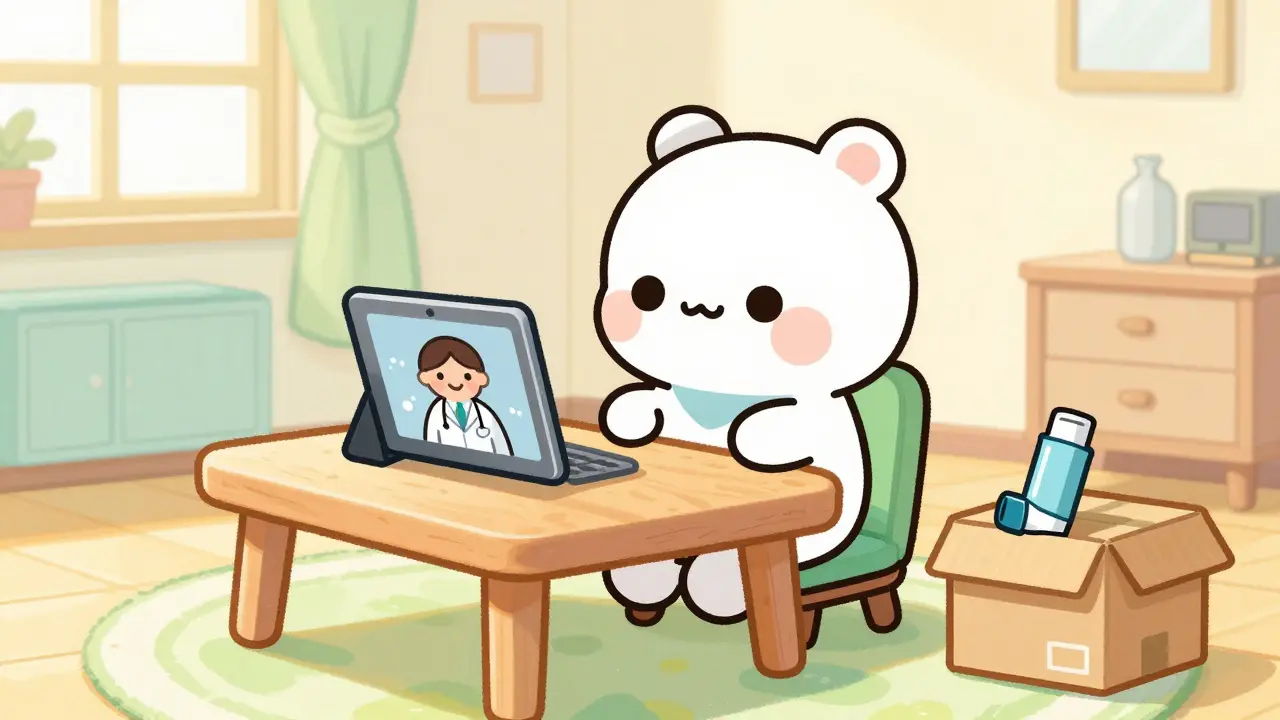 Character having a virtual doctor visit and receiving a medication package at home
