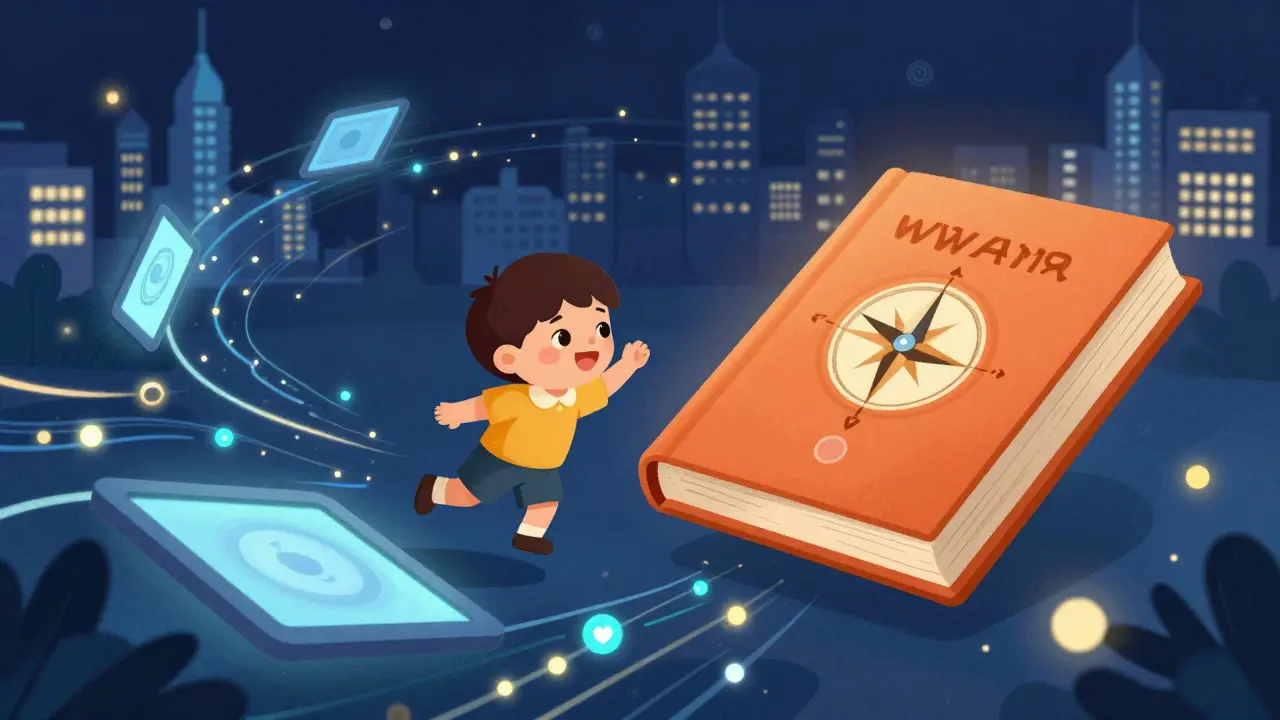 Character navigating a digital data sea guided by a floating orange book