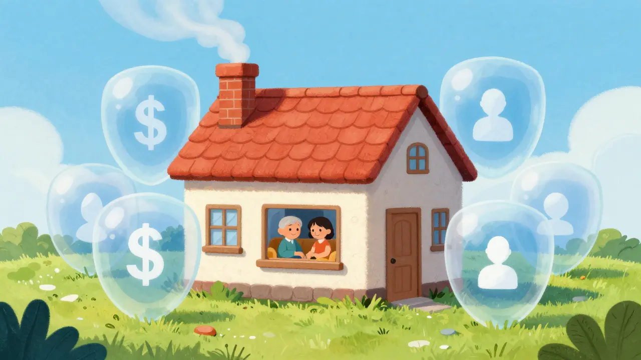 Charming cottage protected by shield bubbles with happy couple inside.