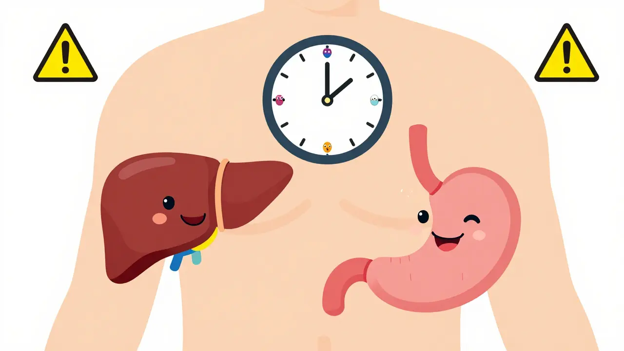 Friendly illustrations of a liver and stomach with a clock showing a medication schedule.
