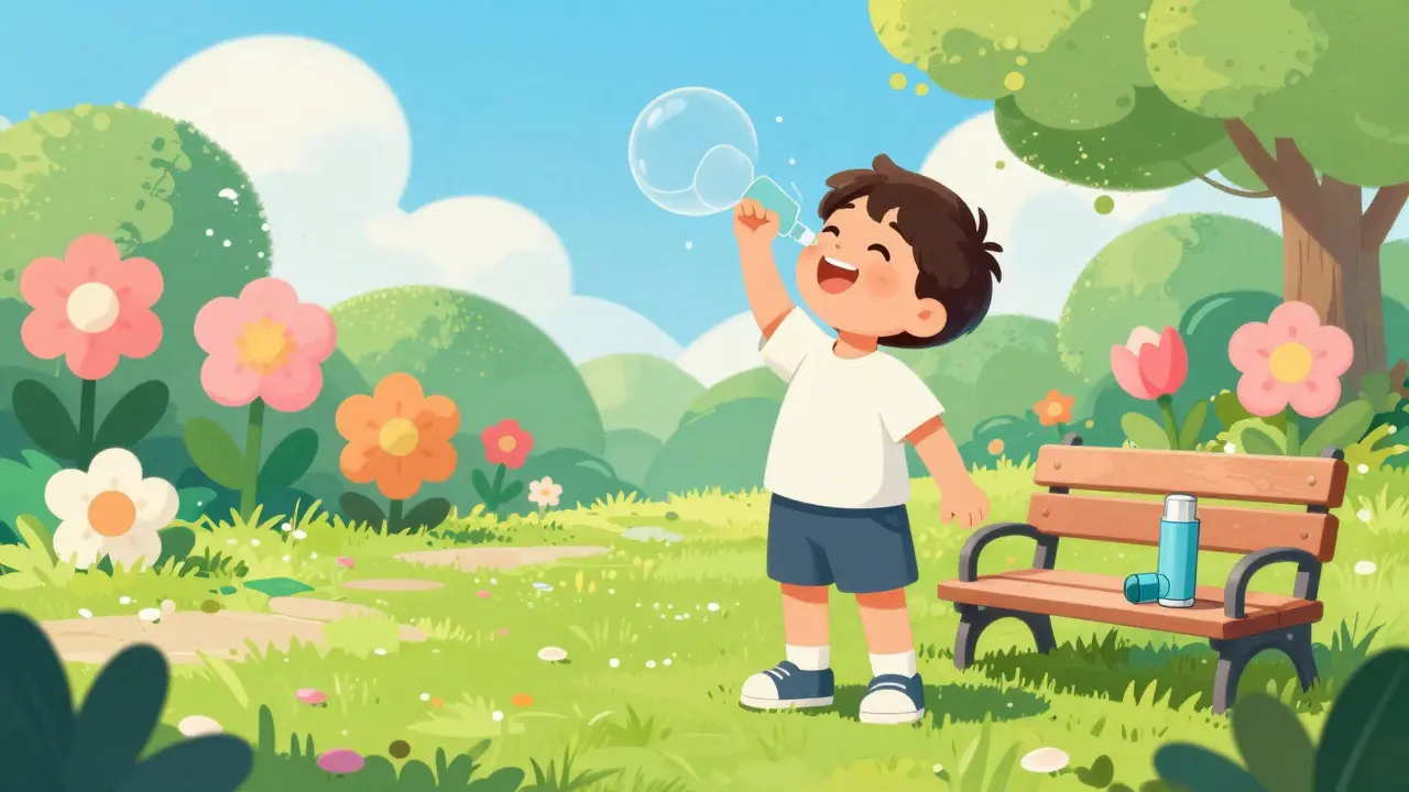 Happy character breathing deeply in a colorful park with an inhaler on a nearby bench