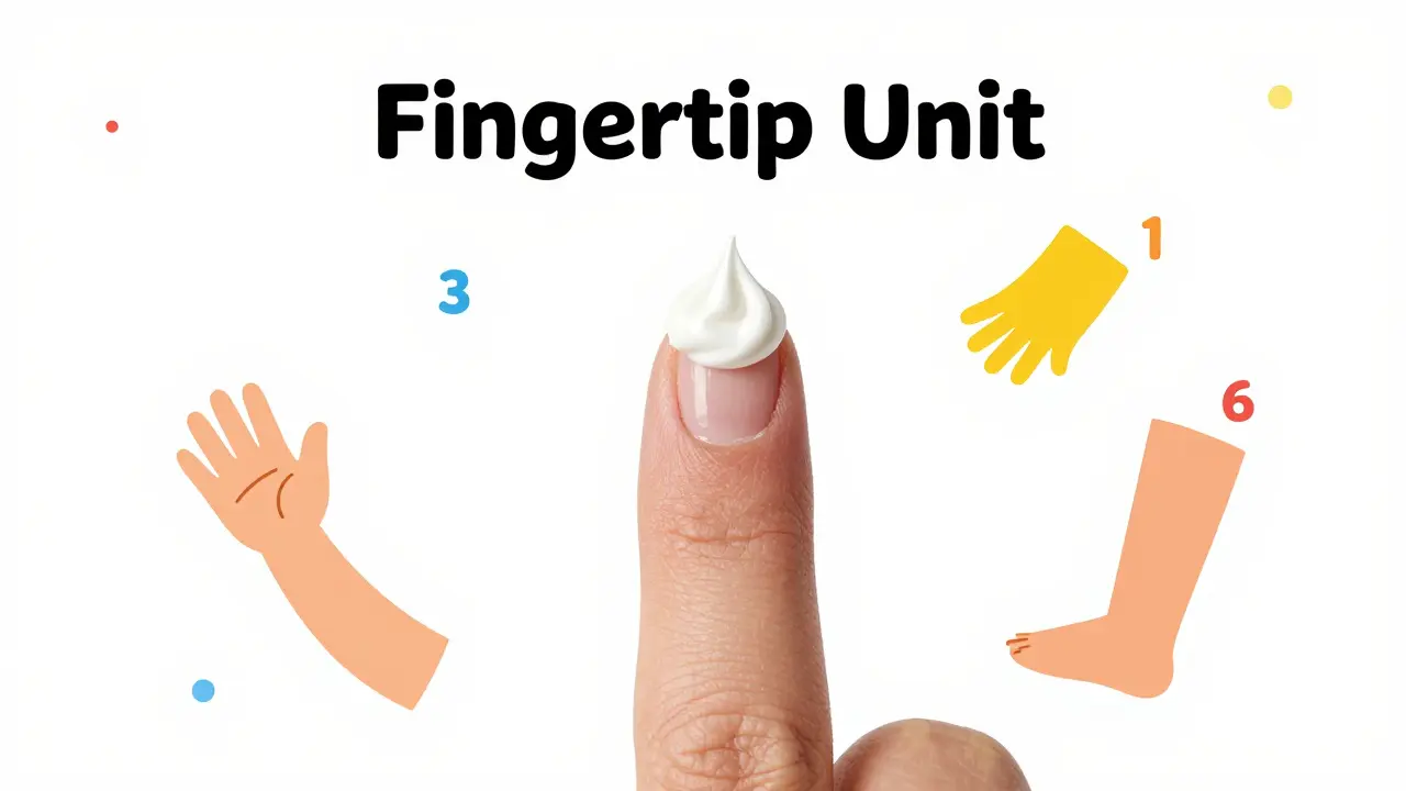 Illustration of the fingertip unit method for measuring steroid cream dosage.