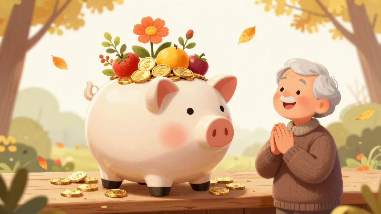 Piggy bank overflowing with coins turning into flowers and fruit.