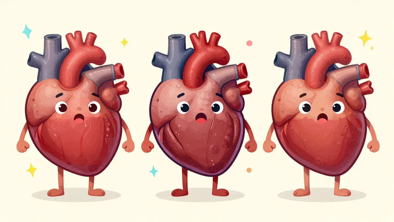 Three cartoon hearts showing stretched, thickened, and stiff muscle shapes.