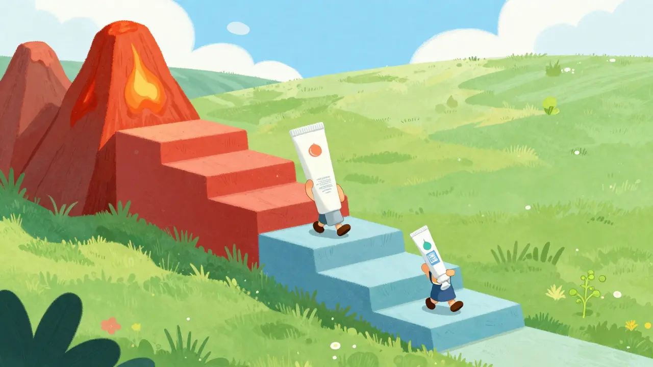 Whimsical illustration of the step-down therapy process from inflammation to healing.