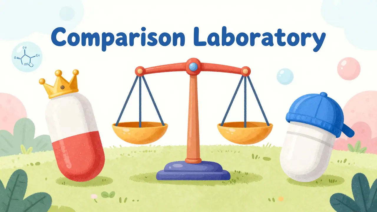 Whimsical scale comparing a brand-name pill and a generic pill in a colorful lab